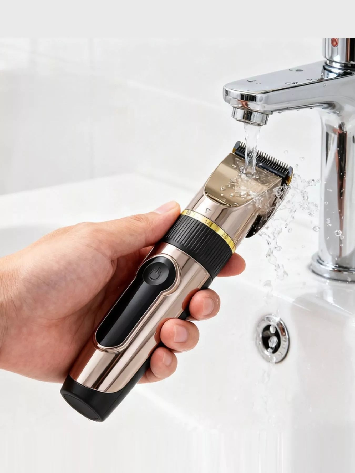 Black waterproof hair clipper with LED display, Trendsi brand, showing adjustable blades and ergonomic design for easy grooming.