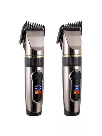 Black waterproof hair clipper with LED display by Trendsi, featuring a sleek design and adjustable hair cutting blades.
