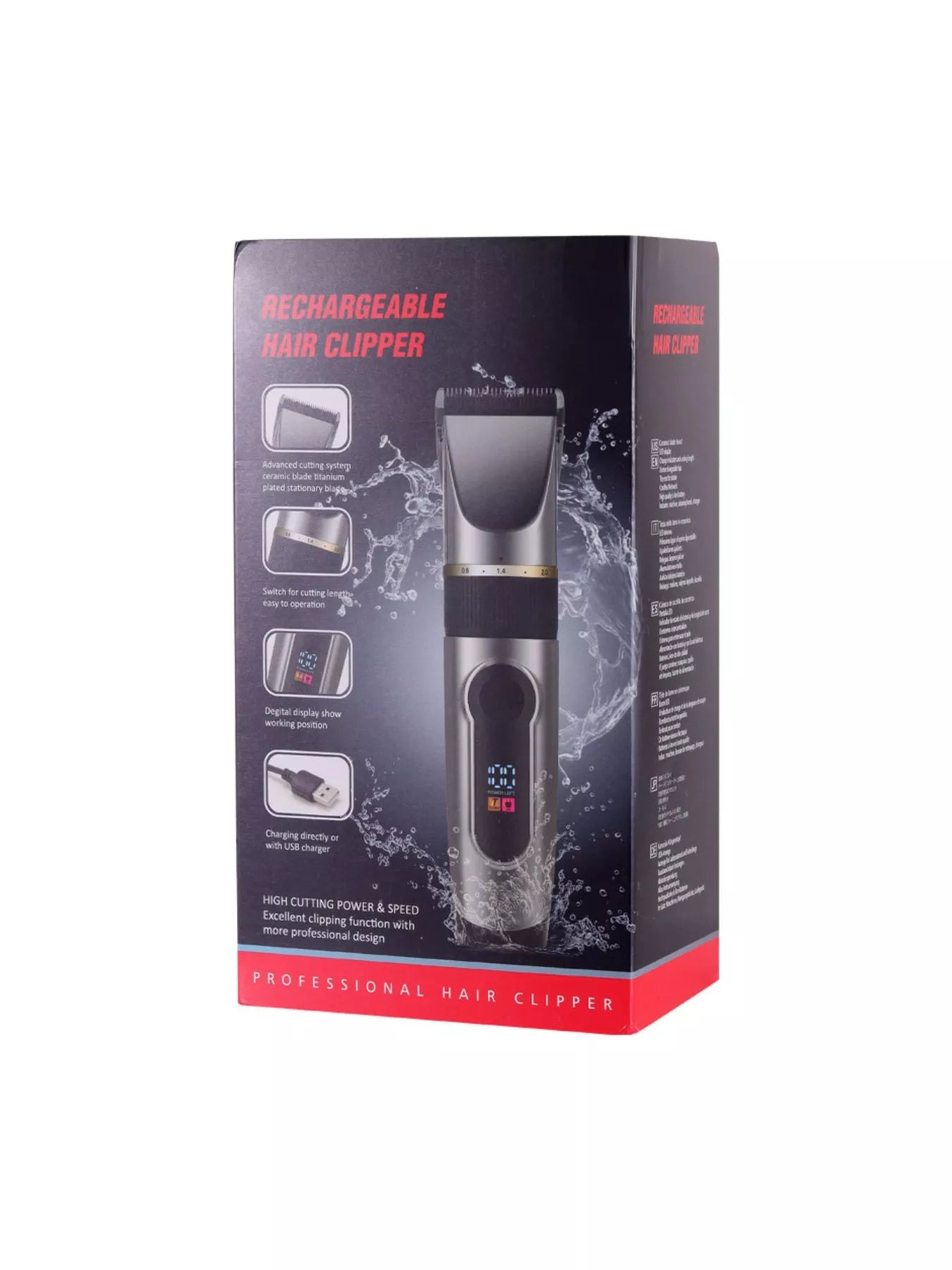 Black waterproof hair clipper with LED display from Trendsi, showing adjustable blades and ergonomic design for grooming.