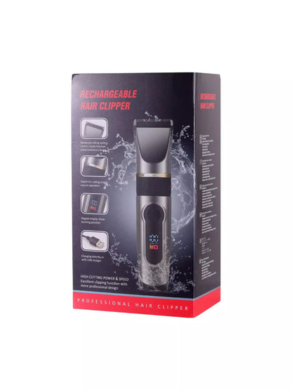 Black waterproof hair clipper with LED display from Trendsi, showing adjustable blades and ergonomic design for grooming.