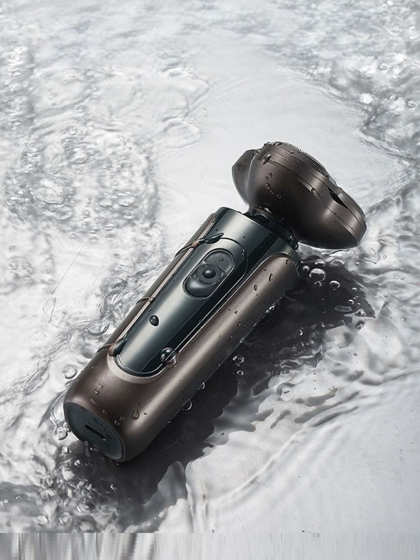 Black waterproof rotary electric shaver by Trendsi, showing close-up of the shaver head and waterproof design features.