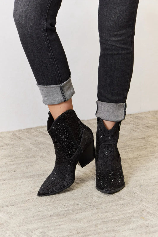Black Rhinestone Ankle Cowboy Boots by East Lion Corp featuring sparkling rhinestone details and classic Western-style design.