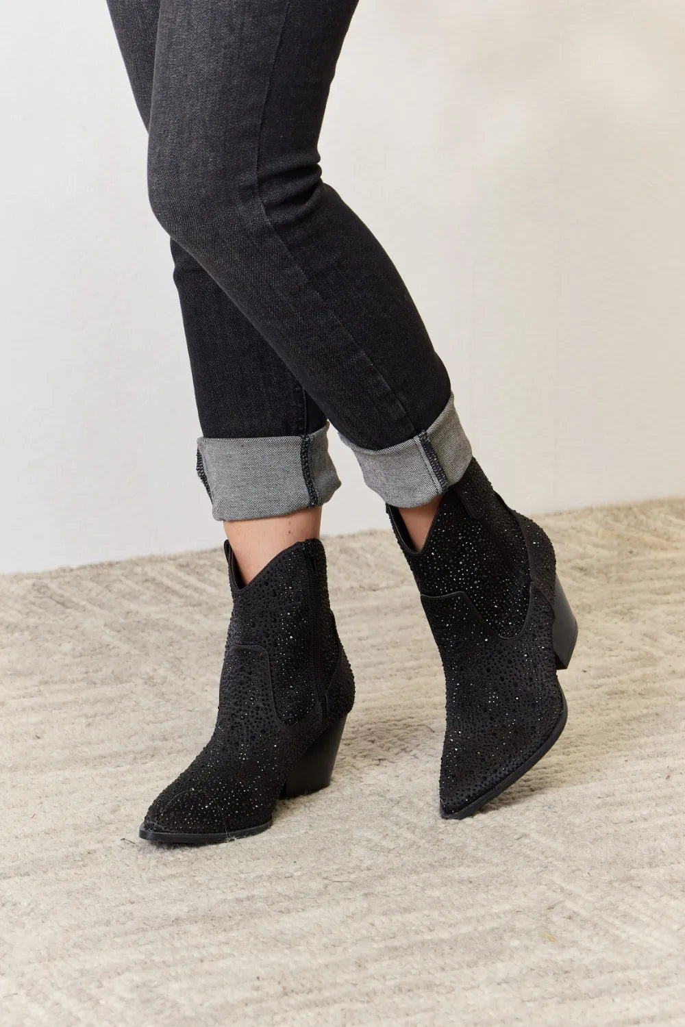 Black Rhinestone Ankle Cowboy Boots by East Lion Corp featuring Western style and sparkling rhinestone embellishments.