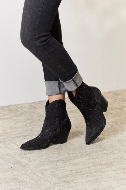 Black rhinestone ankle cowboy boots by East Lion Corp featuring decorative rhinestones and classic Western style.