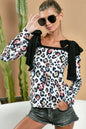 Black leopard print long sleeve shoulder tie top from Trendsi with a stylish and comfortable fit.