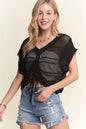 Black ADORA crochet top from Trendsi featuring drawstring details and a stylish, lightweight knit design.