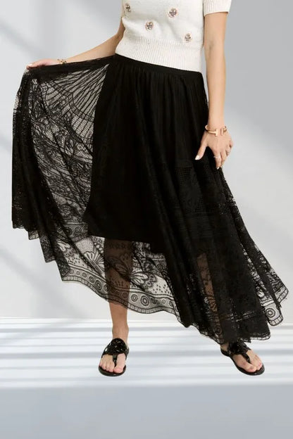 Black ADORA lace maxi skirt with elastic waist and raw hem, stylish and flowy for a chic, casual look.