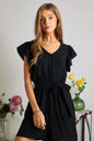 Black ADORA Ruffle Sleeves Romper with Pockets by Trendsi, featuring ruffled sleeves and a comfortable, stylish design.