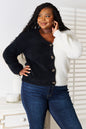 Black Angel Wings woven V-neck cardigan with contrast button front, featuring a relaxed fit and stylish design.