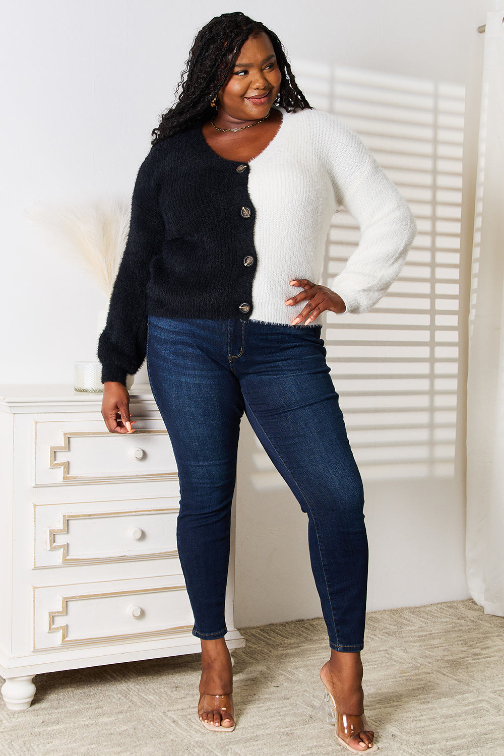 Black Angel Wings woven V-neck cardigan with contrast button-front and right side detail, by Trendsi.