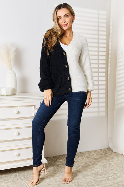 Black Angel Wings woven V-neck cardigan with contrast button front and ribbed cuffs, stylish and cozy for women.