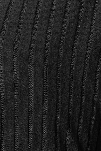 Black Trendsi Basic Bae full-size ribbed cocoon cardigan hanging on a clothing rack with a relaxed fit and textured ribbed design.