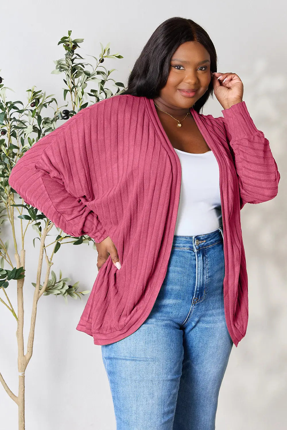 Black Basic Bae full-size ribbed cocoon cardigan by Trendsi, featuring a cozy, oversized design with ribbed texture.