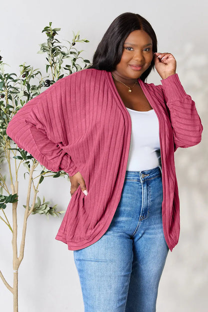 Black Basic Bae full-size ribbed cocoon cardigan by Trendsi, featuring a cozy, oversized design with ribbed texture.