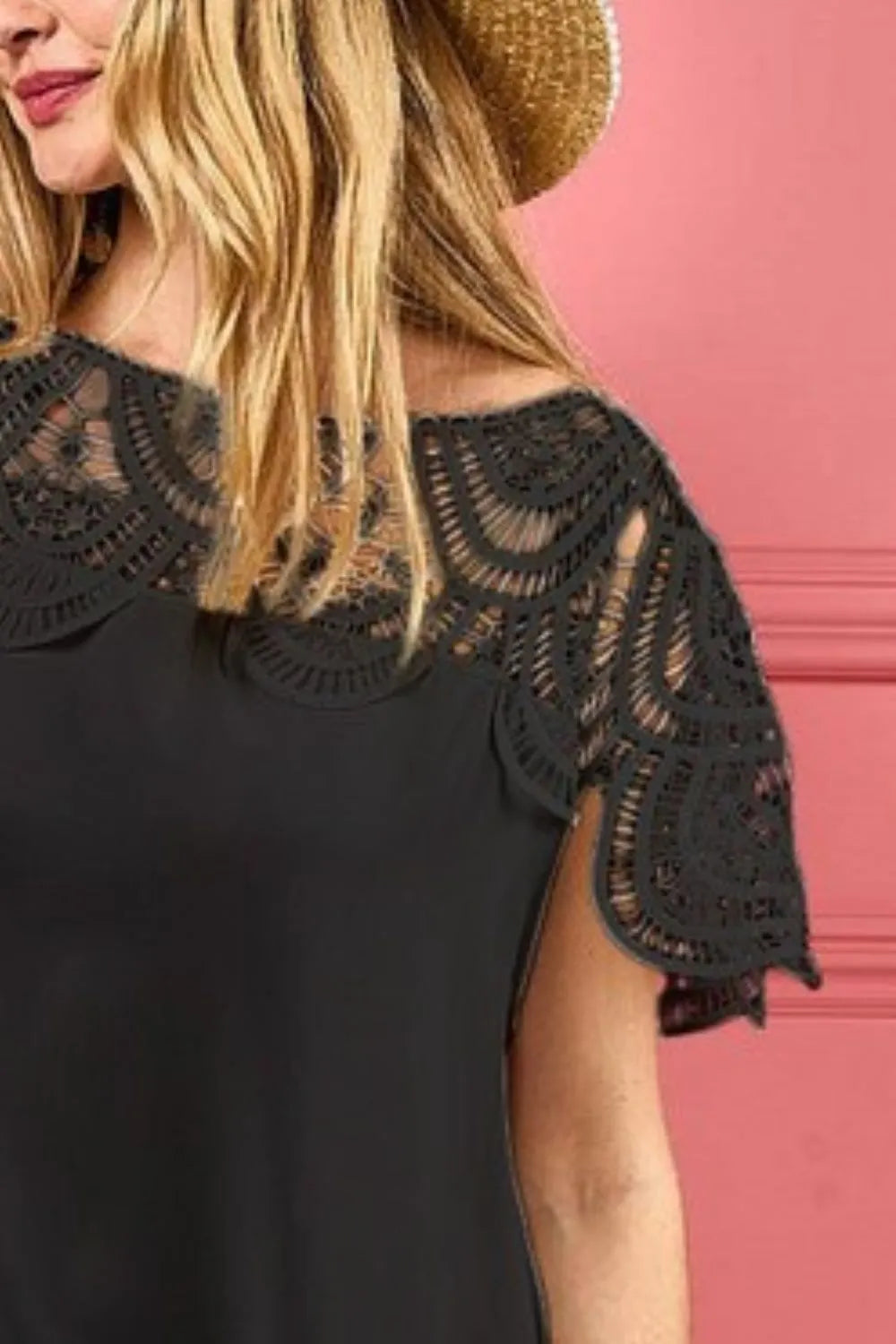 Black BiBi crochet lace yoke detailed dress with a wrinkled fabric texture, featuring intricate lace accents and a relaxed fit.