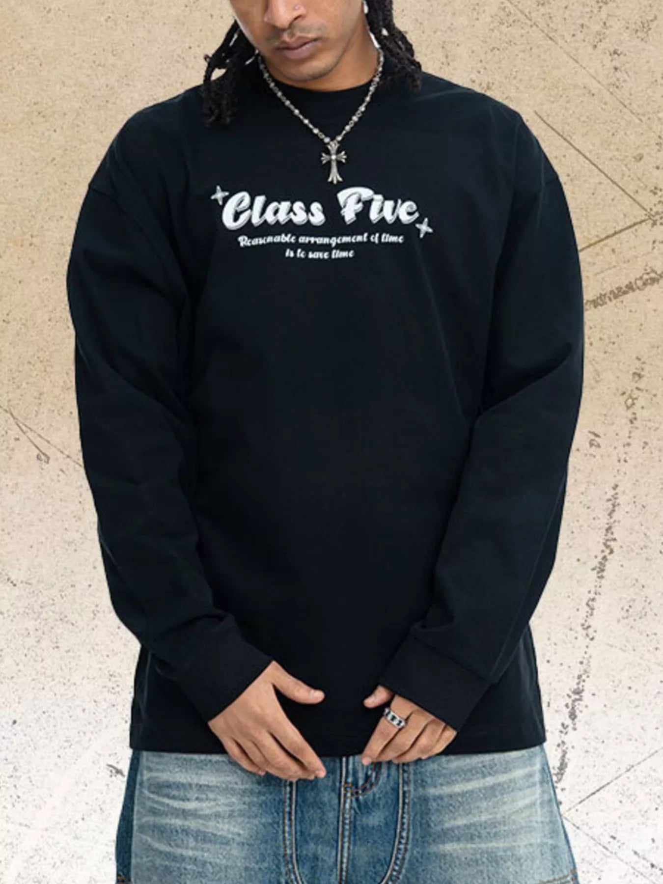 Black children's long sleeve T-shirt with a colorful Class Five graphic design by Trendsi, casual and comfortable for kids.