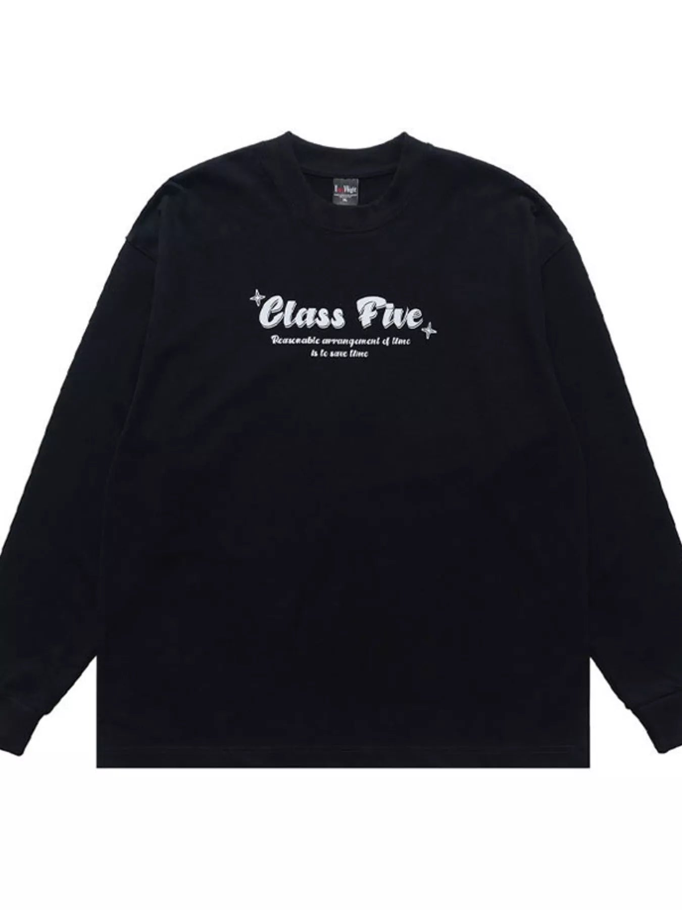 Black children's long sleeve T-shirt with a colorful class five graphic print by Trendsi, perfect for casual wear.