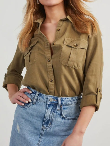 Black denim top with collared neck and roll-tab sleeves from Trendsi, featuring a casual, stylish design.