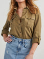 Black denim top with collared neck and roll-tab sleeves from Trendsi, featuring a casual, stylish design.