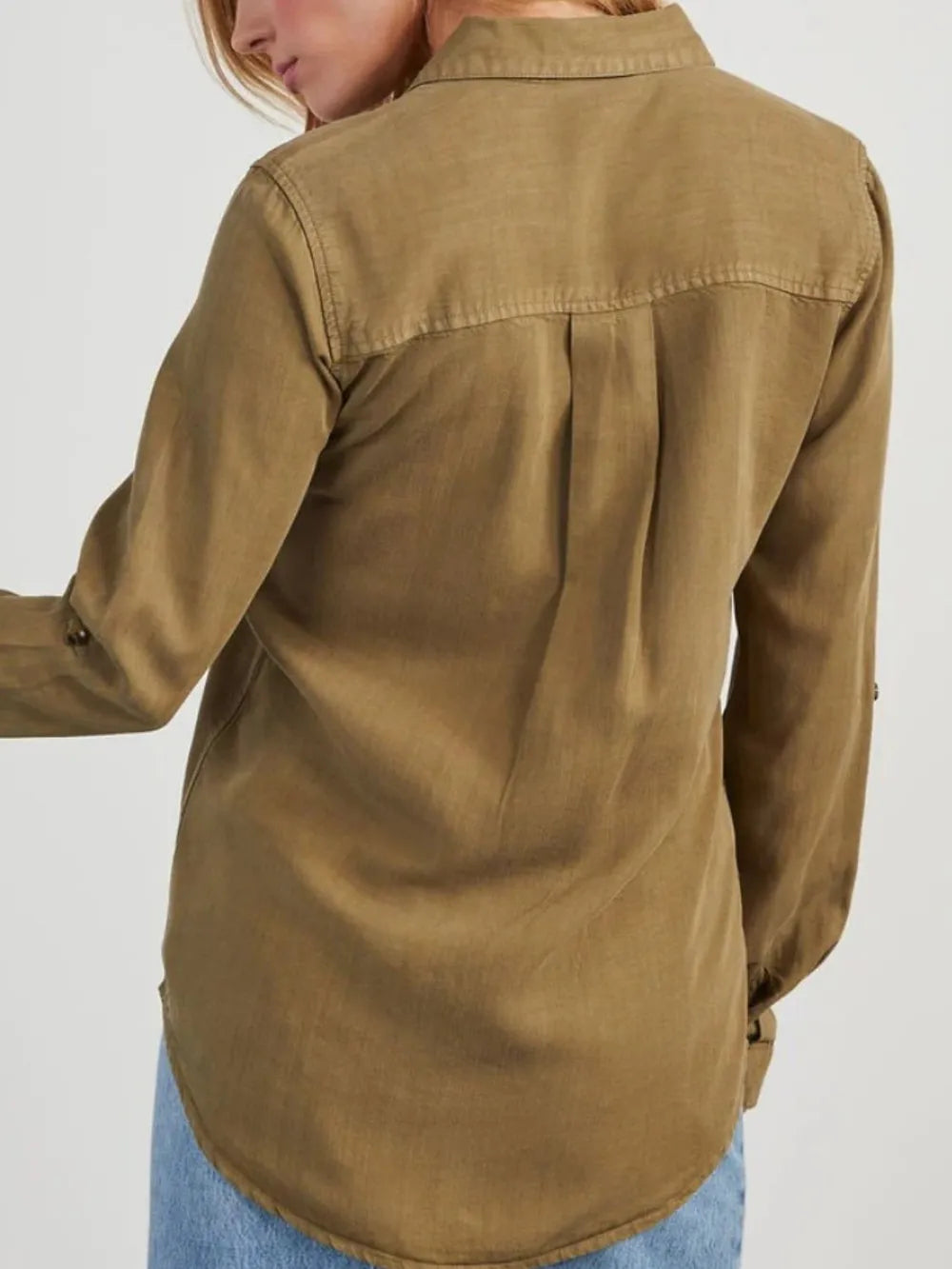 Black denim top with a collared neckline and roll-tab sleeves, stylish and casual from Trendsi.