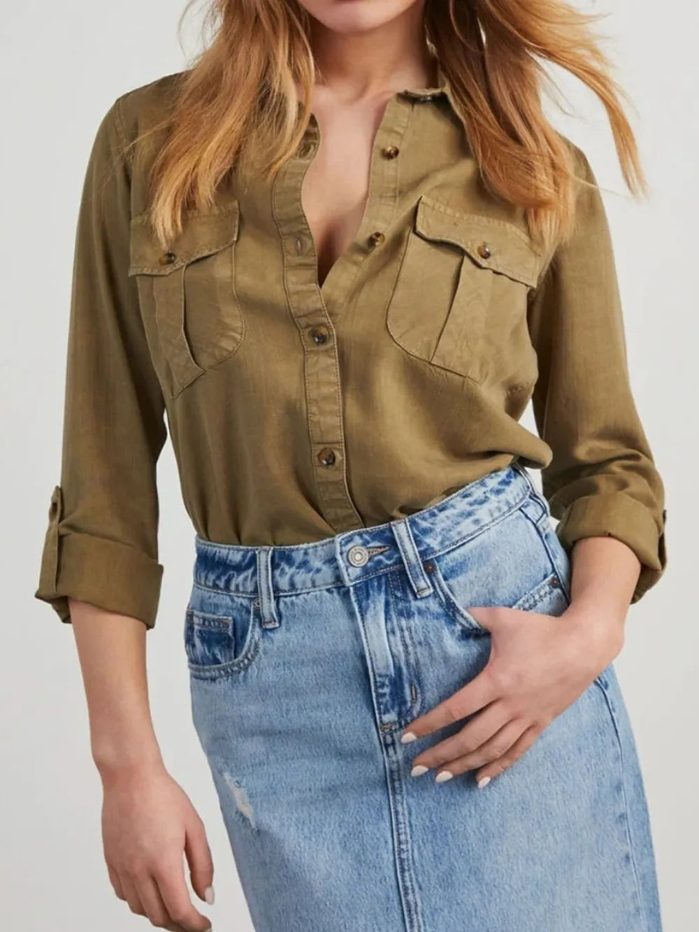 Black denim top with collared neck and roll-tab sleeves, stylish and casual from Trendsi.