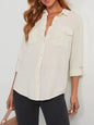 Black denim top with collared neck and roll-tab sleeves, stylish and casual from Trendsi.