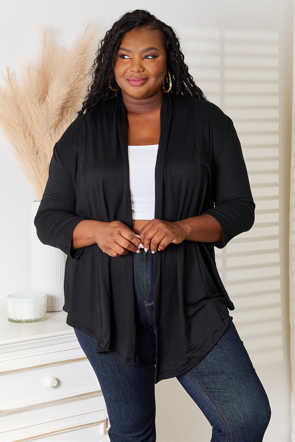 Black Culture Code full-size open front cardigan by Trendsi, styled with long sleeves and a relaxed fit.
