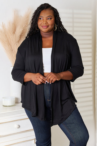 Black Culture Code full-size open front cardigan by Trendsi, styled with long sleeves and a relaxed fit.