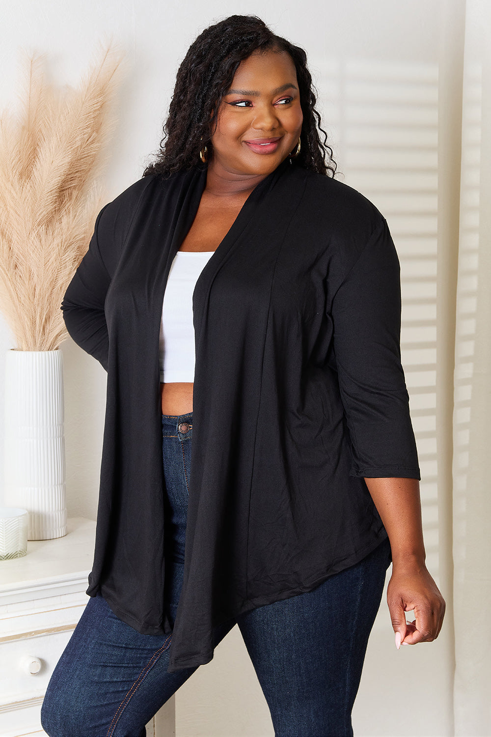 Black Culture Code full-size open front cardigan by Trendsi, featuring a soft knit fabric and relaxed fit.