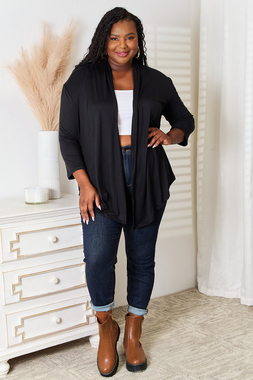 Black Culture Code full-size open front cardigan by Trendsi, featuring a cozy, relaxed fit and stylish design.