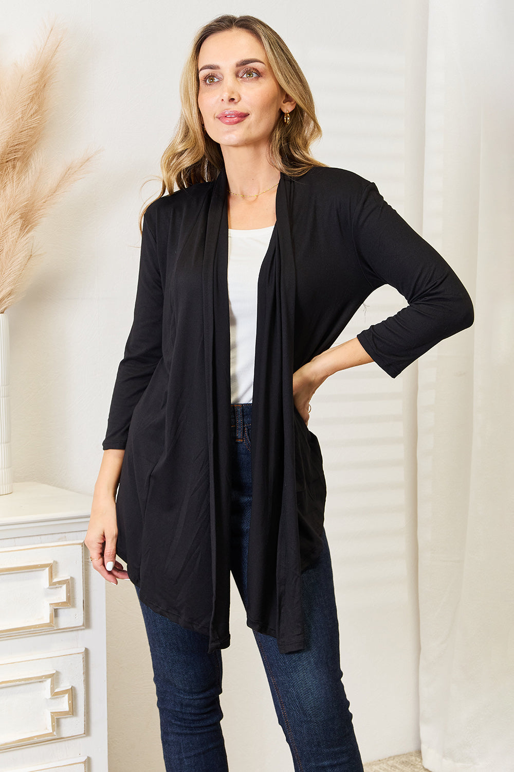 Black Culture Code full-size open front cardigan by Trendsi, featuring a cozy, lightweight knit with a relaxed fit.