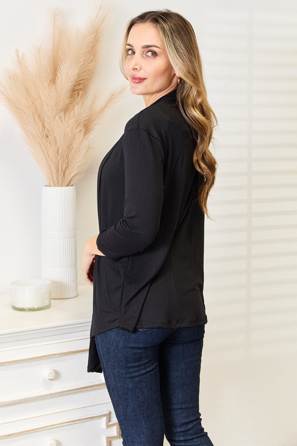 Black Culture Code full-size open front cardigan by Trendsi, featuring a cozy, relaxed fit with long sleeves and a stylish open front design.