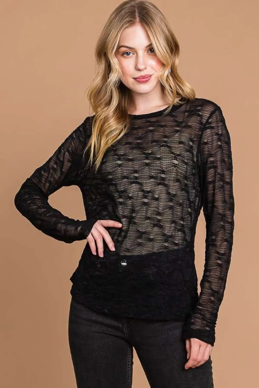 Black Culture Code full-size round neck mesh top with perspective design, by Trendsi, shown on a model.