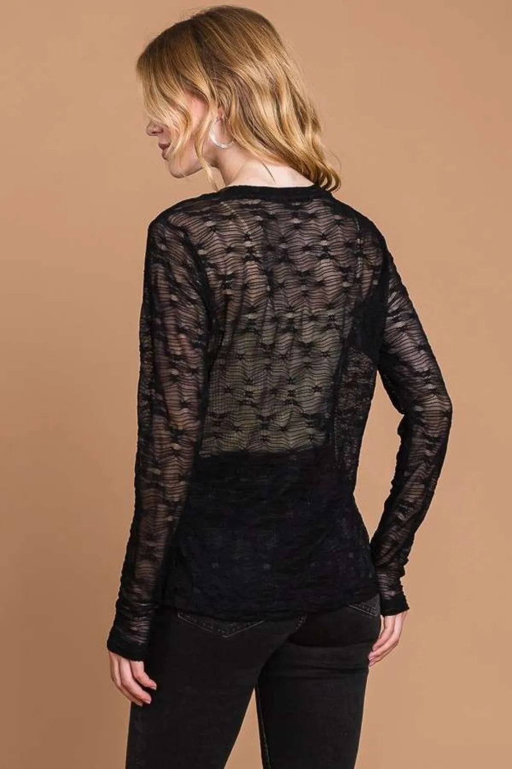 Black Culture Code full-size round neck mesh perspective top by Trendsi featuring sheer fabric and casual fit.