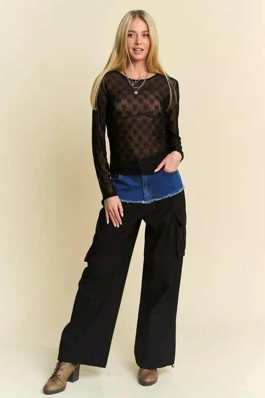 Black Davi & Dani Bow Mesh long sleeve top with round neckline, featuring a stylish and trendy mesh design.