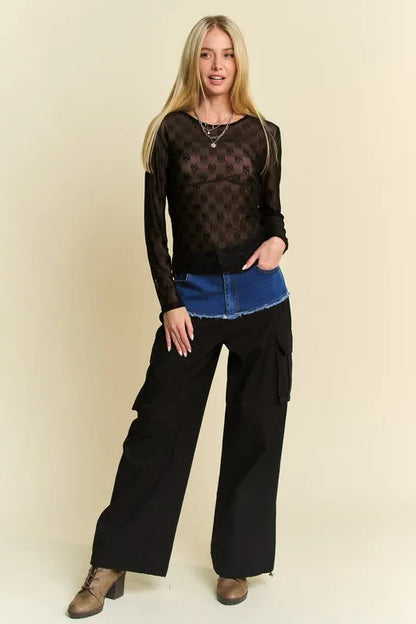 Black Davi & Dani Bow Mesh long sleeve top with round neckline, featuring a stylish and trendy mesh design.