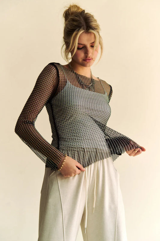 Black Davi & Dani sparkling rhinestone sheer mesh round neck top by Trendsi, featuring intricate rhinestone embellishments and sheer fabric.