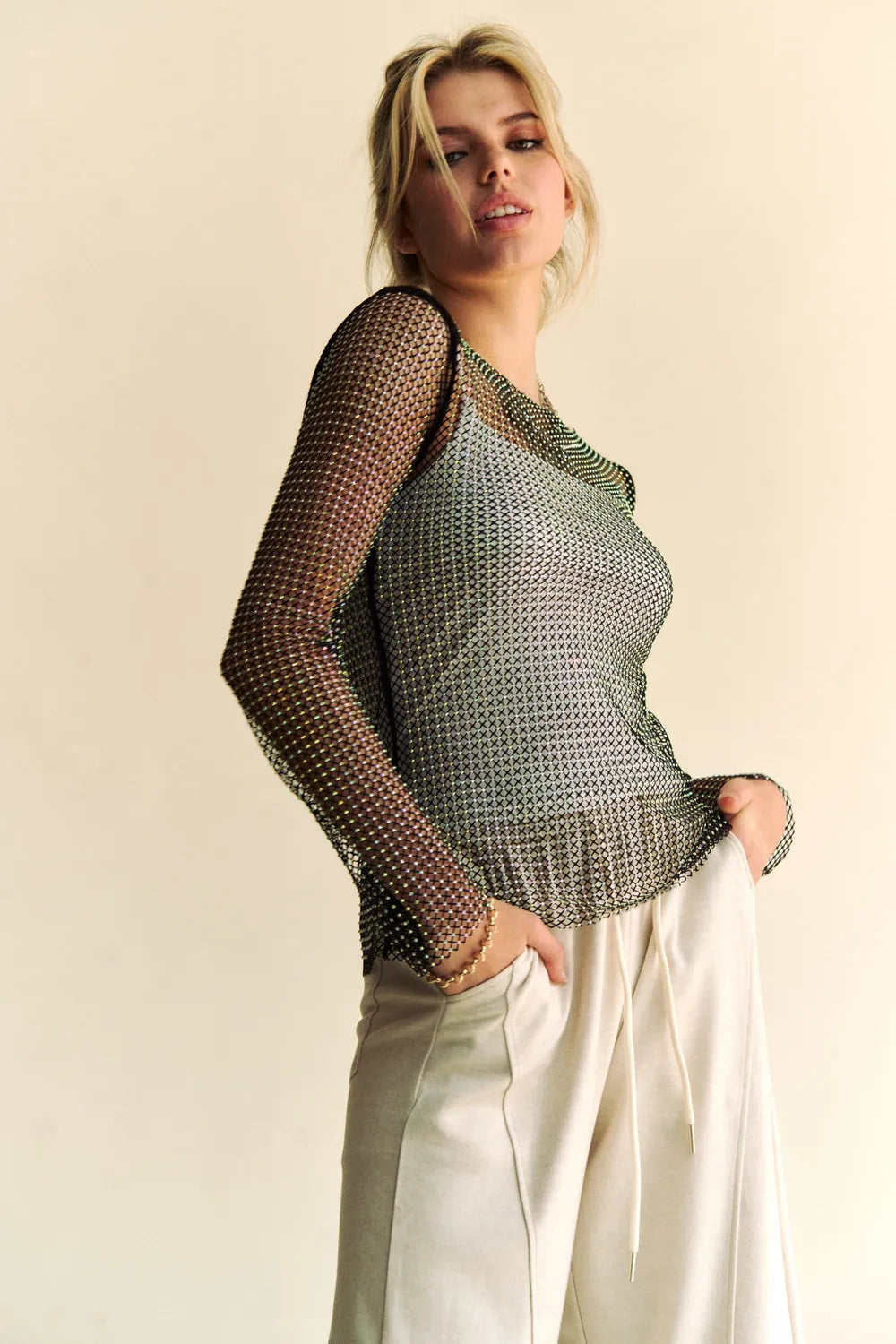 Black Davi & Dani sparkly rhinestone sheer mesh round neck top, stylish women's fashion top with shimmering details.