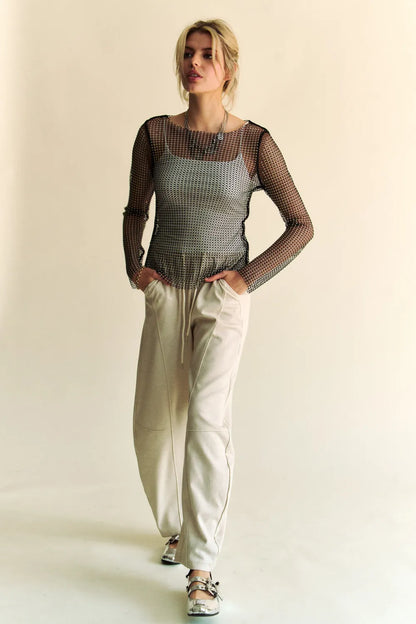 Black Davi & Dani sparkling rhinestone sheer mesh round neck top, stylish and elegant women's fashion blouse.