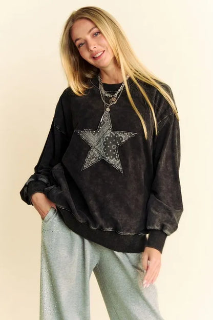 Black Davi & Dani acid washed sweatshirt with star patch and stud details, casual and trendy women's sweatshirt by Trendsi.