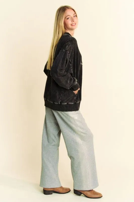 Black Davi & Dani acid washed sweatshirt with star patch and stud embellishments, casual and stylish streetwear.