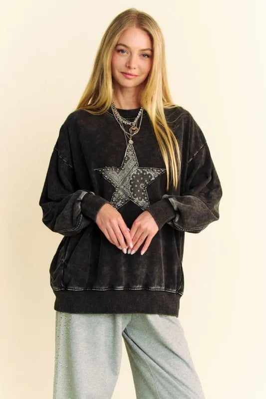 Black Davi & Dani acid washed sweatshirt with star patch and stud embellishments, casual style, by Trendsi.