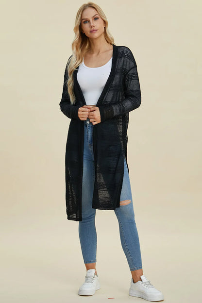 Black Trendsi Double Take full-size open front longline cardigan displayed hanging, showcasing its relaxed fit and long silhouette.