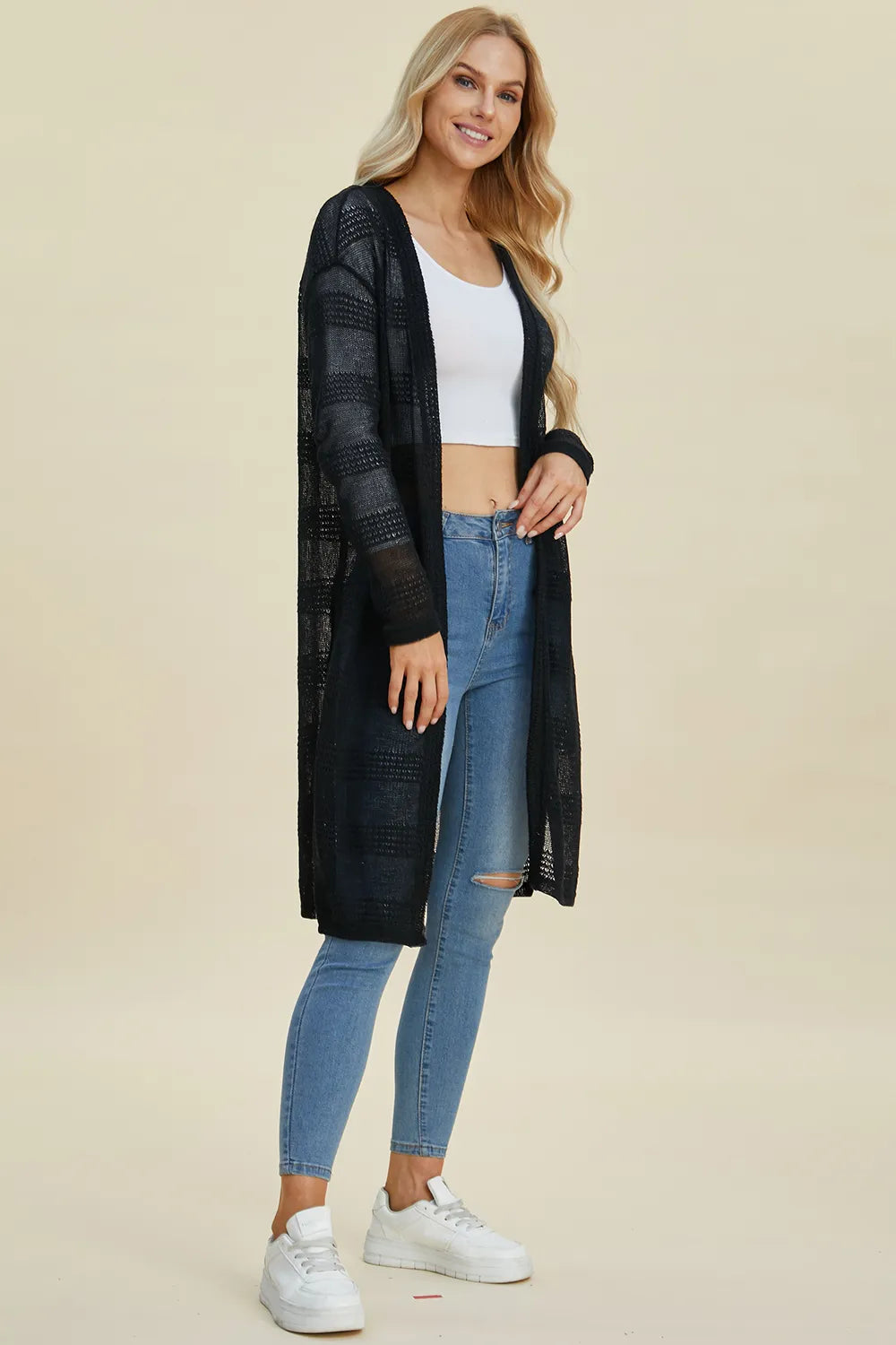 Black Trendsi Double Take open front longline cardigan, full size, featuring a relaxed fit and open front design.