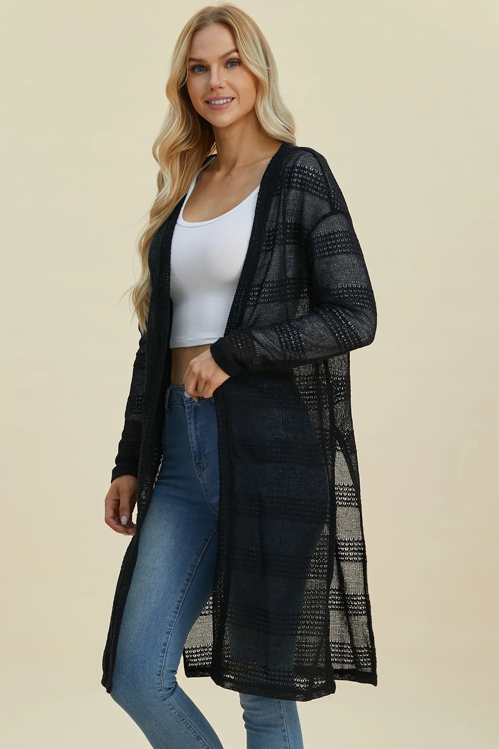Black double take full-size open front longline cardigan by Trendsi, featuring a relaxed fit and cozy knit fabric.