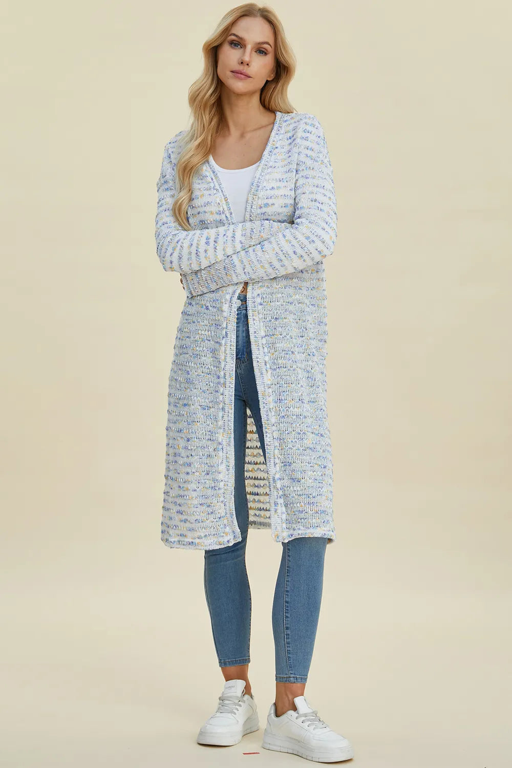 Black double take open front longline cardigan by Trendsi, featuring a full-size, relaxed fit and draped open front design.