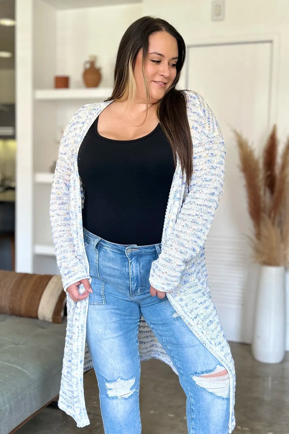 Black open-front longline cardigan from Trendsi, featuring a double take full-size design and cozy, relaxed fit.