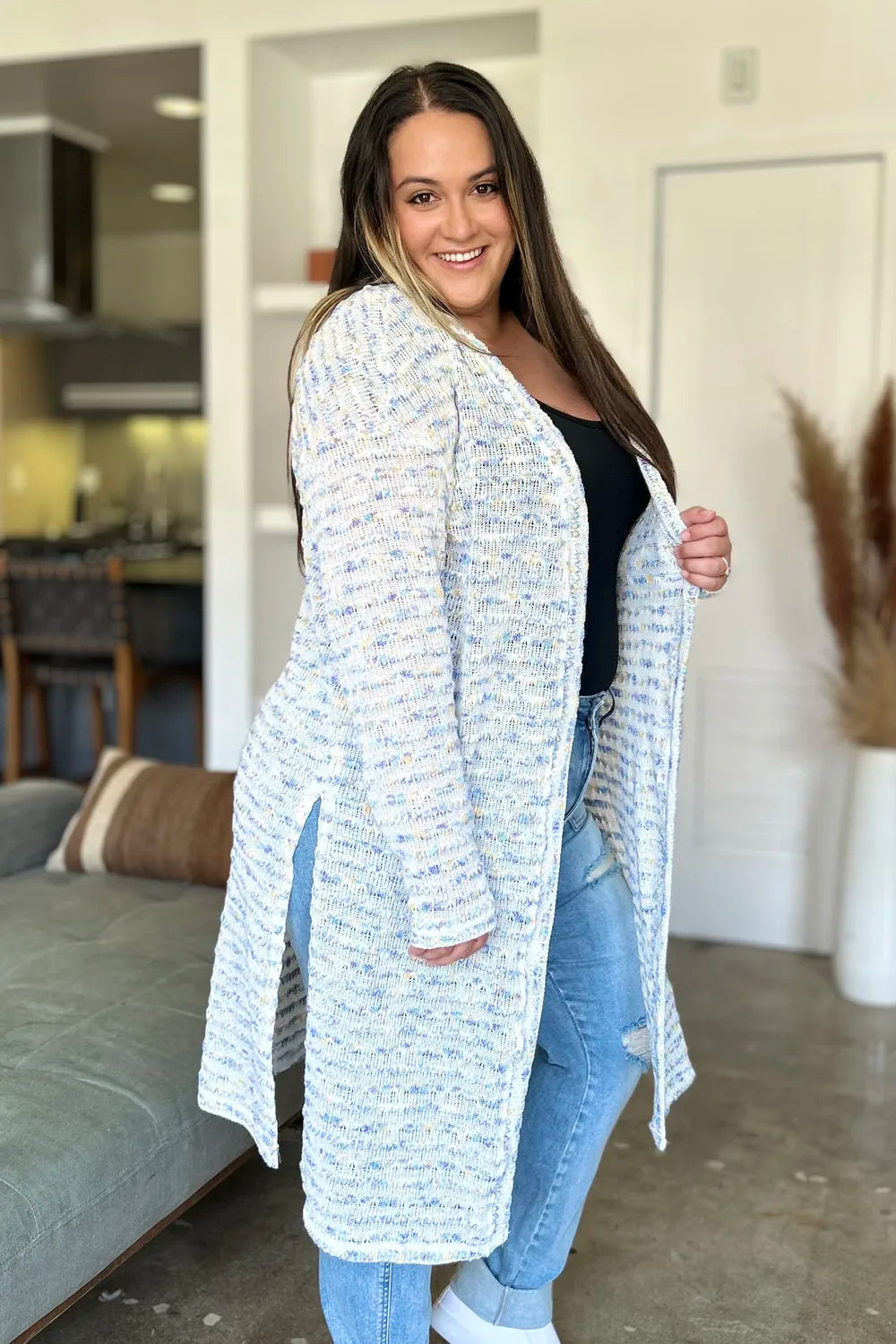 Black Trendsi Double Take open front longline cardigan, full size, featuring a relaxed fit and cozy knit fabric.