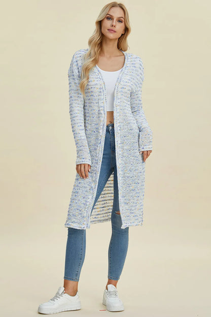 Black open front longline cardigan by Trendsi, featuring a double take full-size design and cozy knit fabric.