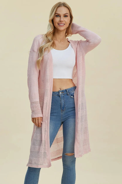 Black Trendsi Double Take full-size open front longline cardigan displayed on a model, showcasing its relaxed fit and draped design.